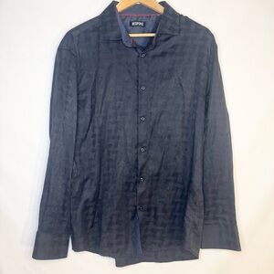 Bespoke Men’s Button-Down Collared Shirt Subtle Tonal Pattern Navy Blue Size XL